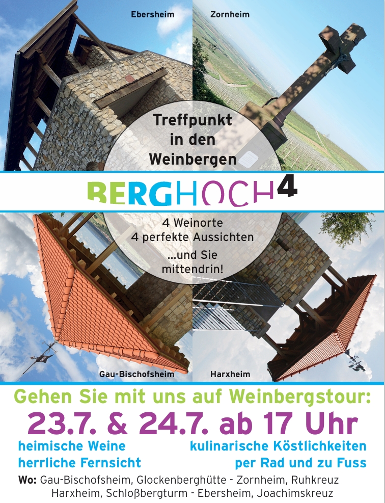 Plakat der Veranstaltung BergHoch 4 mit 4 Fotos der 4 Weinbergstürme/Destinationen und allen Daten zur Veranstaltung